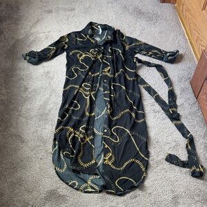 Truly 4 You Black Chain Print Shirt Dress SIZE S Button Down Tie Waist
